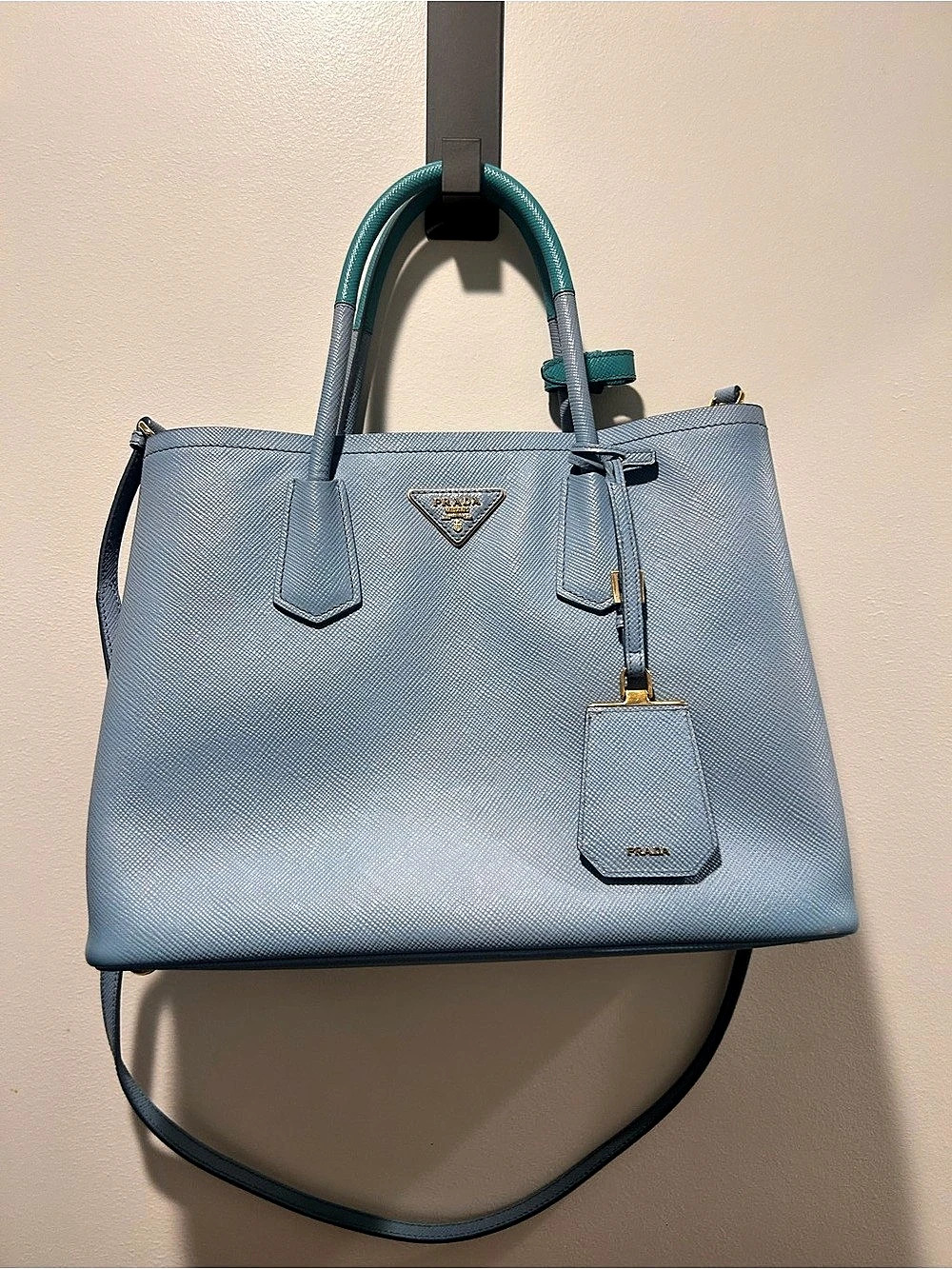 Prada Saffiano Double Zip Tote in Blue & Green